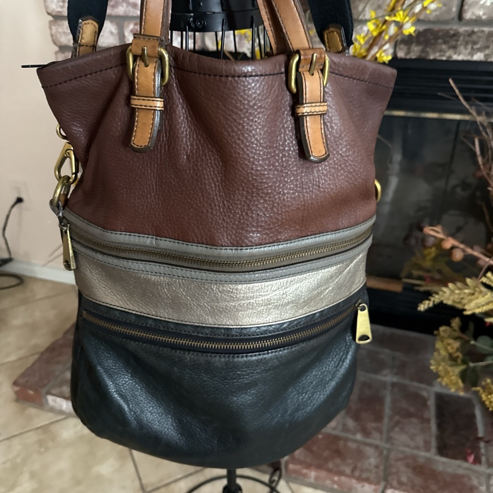 Fossil Brown Gold Black Colorblock Leather Crossbody